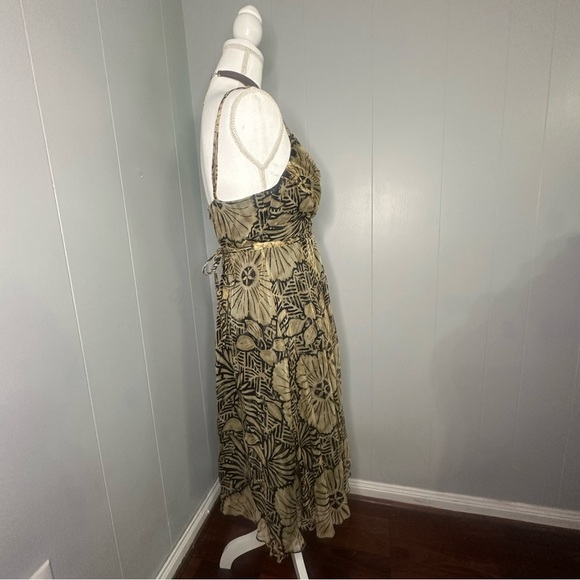 Y2K Silk Boho Midi Dress Brown Leaf Print Robbie Bee Size 6 Vacation Style - Picture 6 of 8
